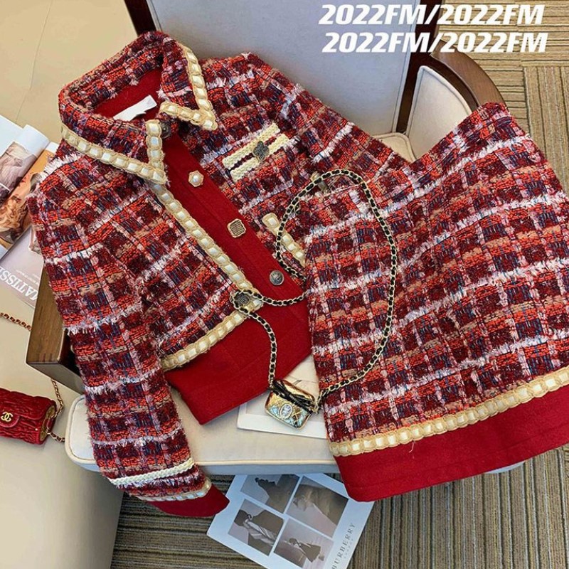 Winter Clothing Outfits - Women Elegant Tweed Red Suit Jackert