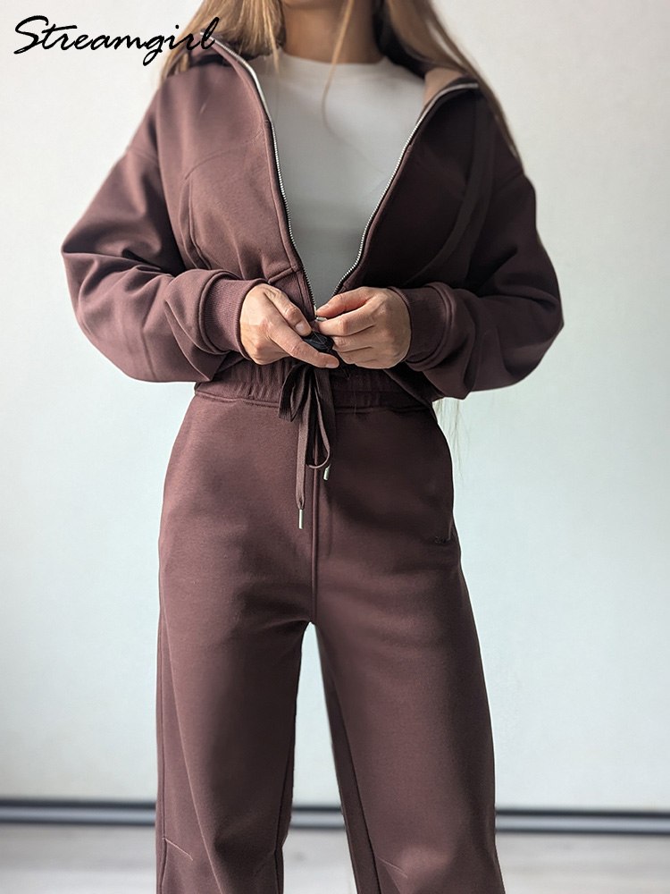 Fleece Hoodie Lined - Winter Fleece Pants Set Women Brown