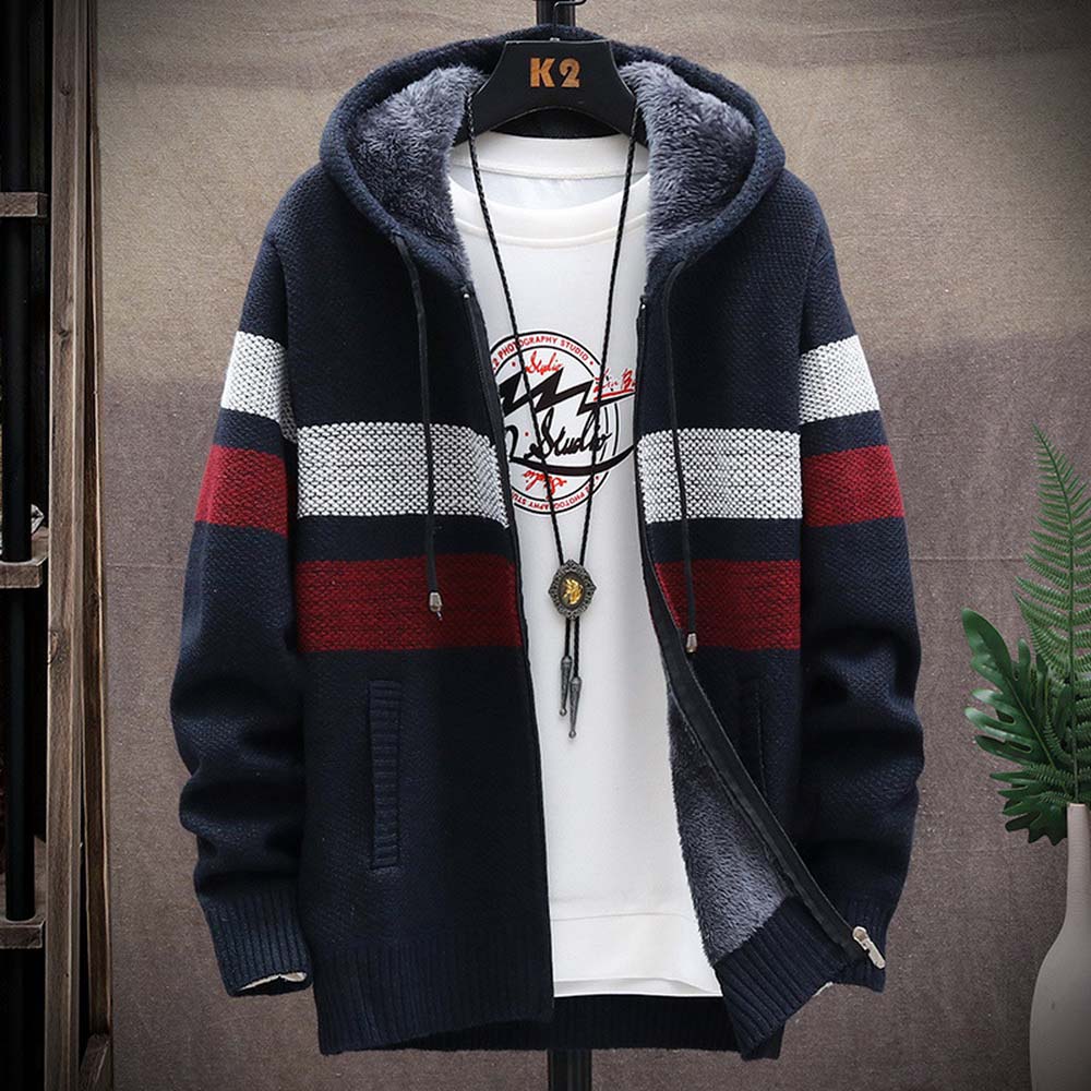 Men's Striped Sweater Coat Thi - Fleece Hoodie Lined 评论和价格