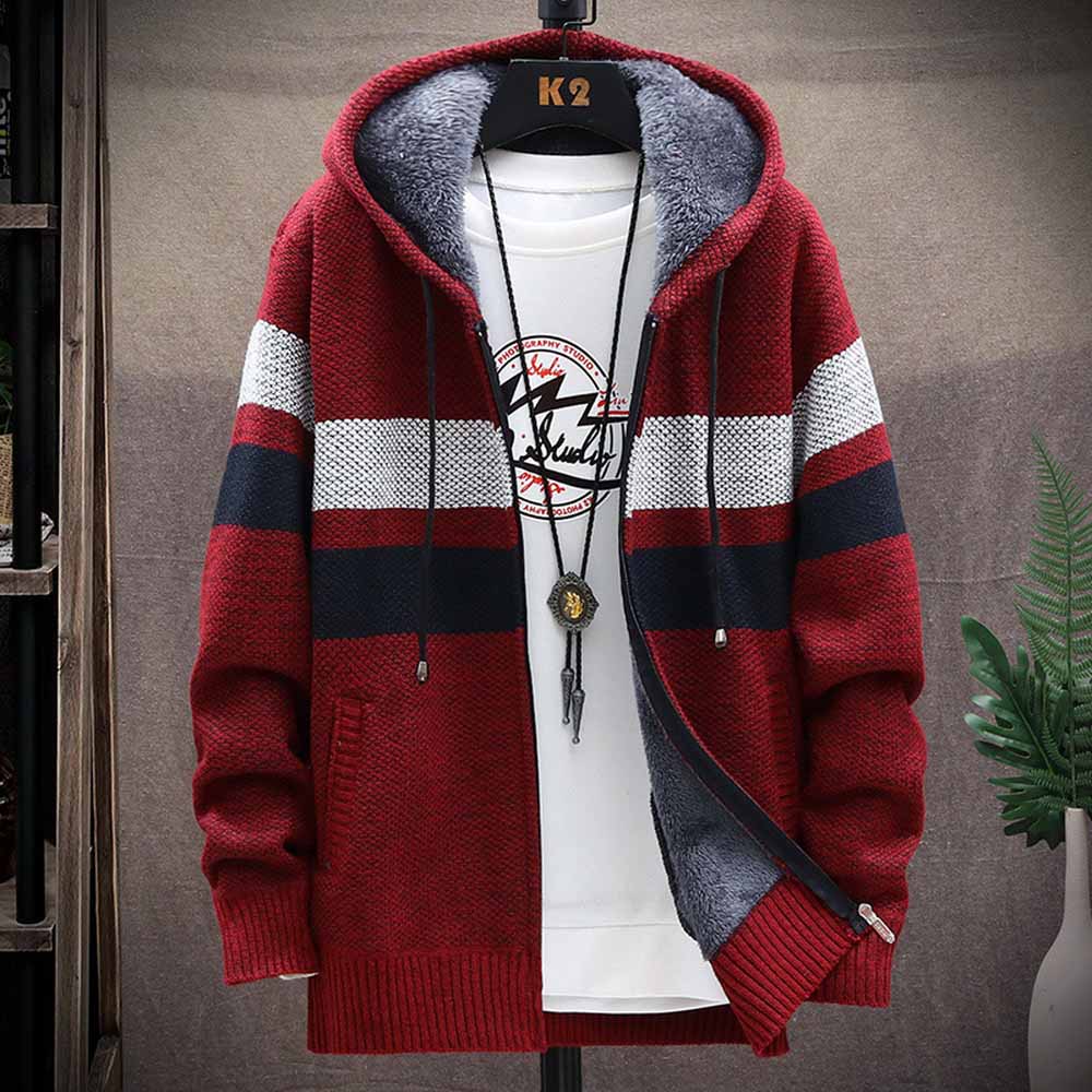 Men's Striped Sweater Coat Thi - Fleece Hoodie Lined 评论和价格