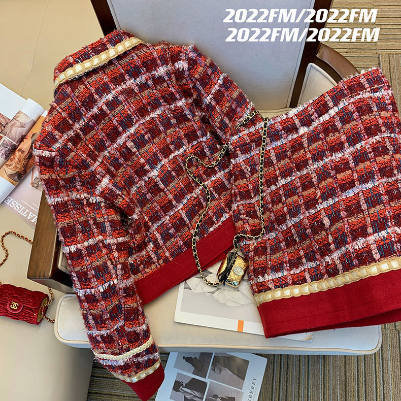 Women Elegant Tweed Red Suit J - Winter Clothing Outfits 评论和价格