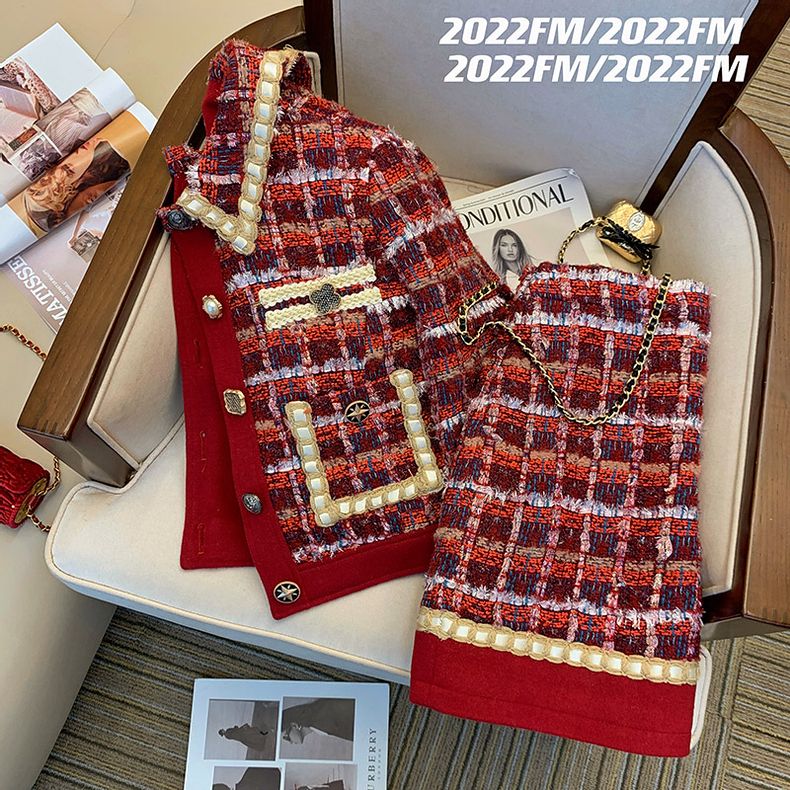 Women Elegant Tweed Red Suit J - Winter Clothing Outfits 评论和价格